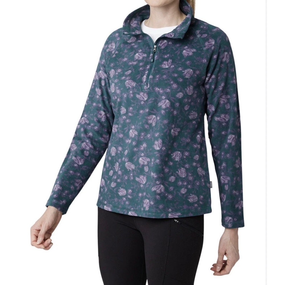 Eddie Bauer Womens XL Fleece Pullover Quarter Zip Floral Teal Purple EBW32LK101